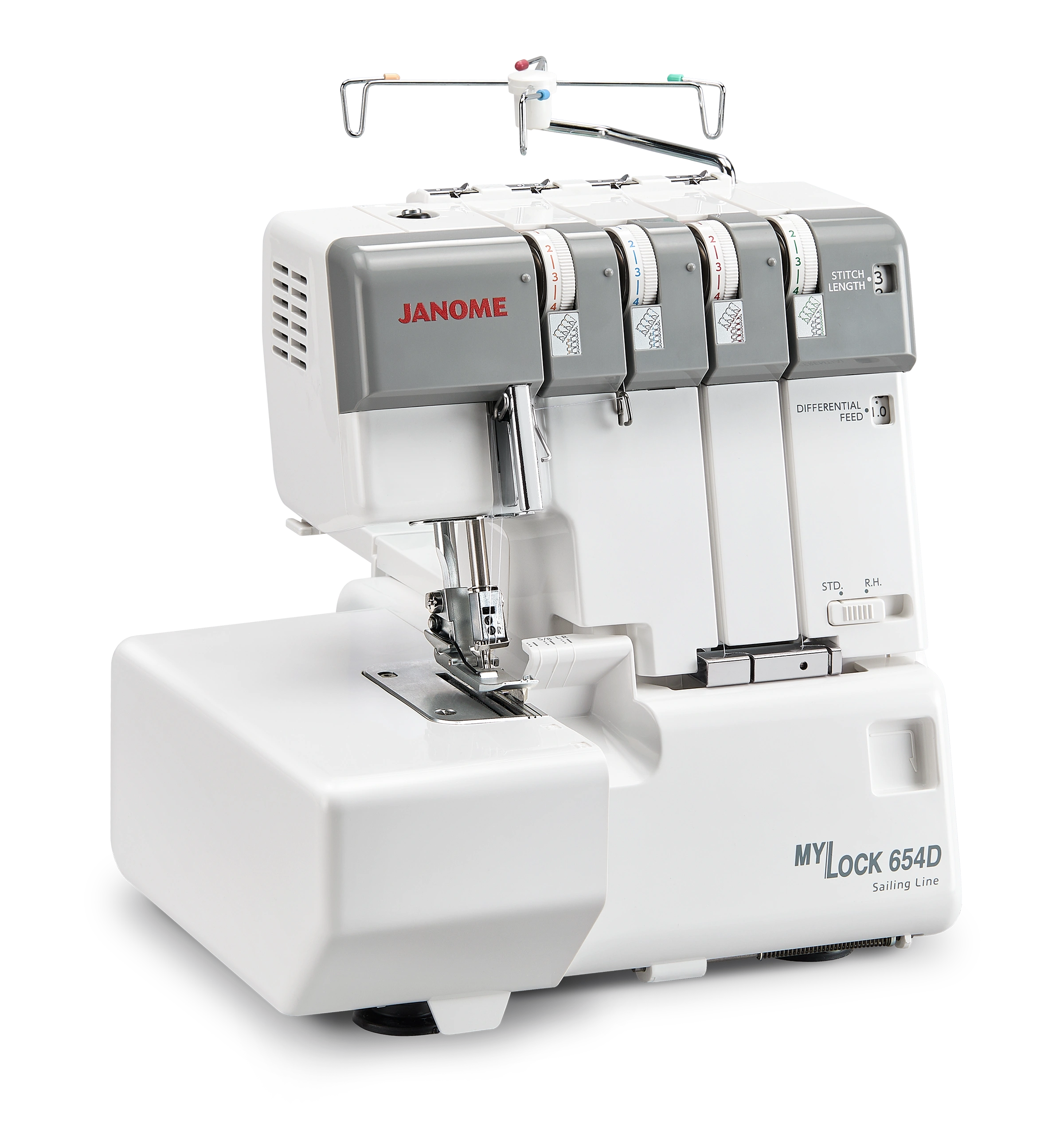Close up of the internal color-coded threading guide and lower looper mechanism on the Janome MyLock 654D serger, serving sewists in Wake Forest and Louisburg.