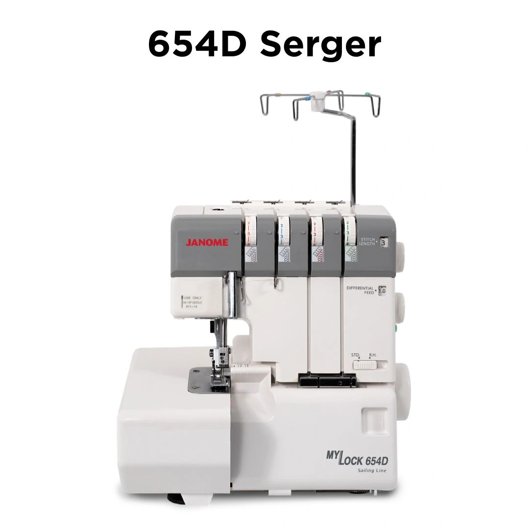 Janome MyLock 654D Sailing Line serger machine on display inside the showroom of The Broken Needle in Bunn, NC.