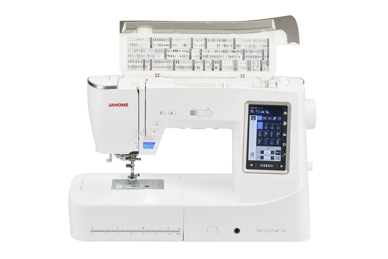 Janome Skyline 8 spacious 8.34-inch workspace and needle plate setup near Wake Forest, NC.