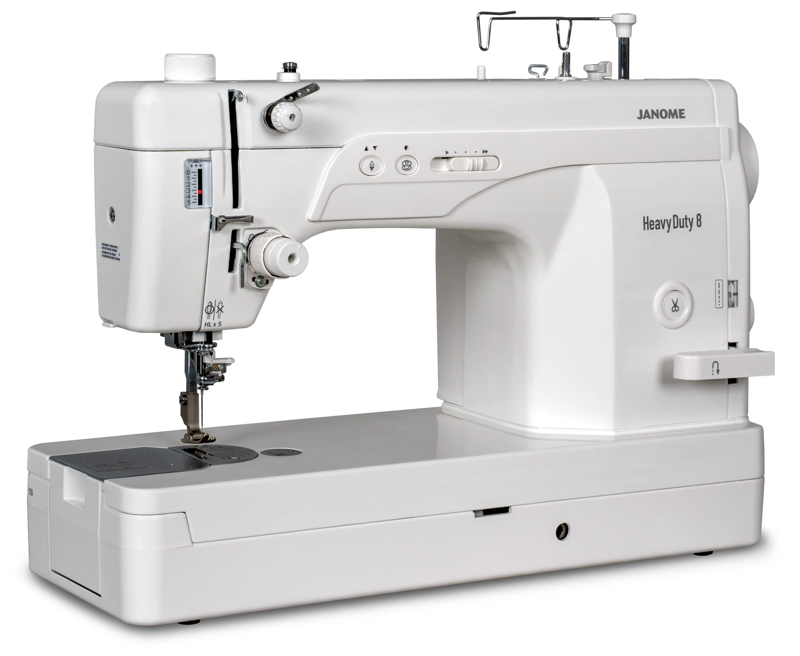 Close-up of the Janome HD8 industrial full rotary hook bobbin system available near Raleigh.