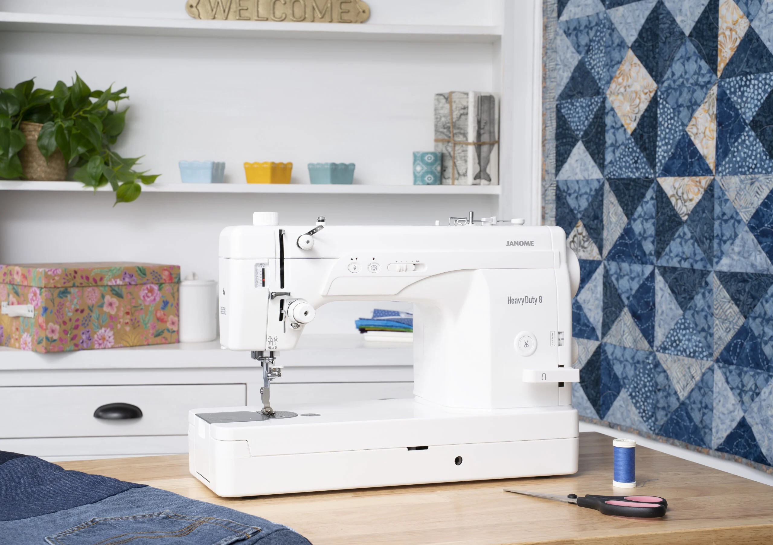 Janome Heavy Duty 8 extra-wide extension table for quilting on display near Wake Forest.