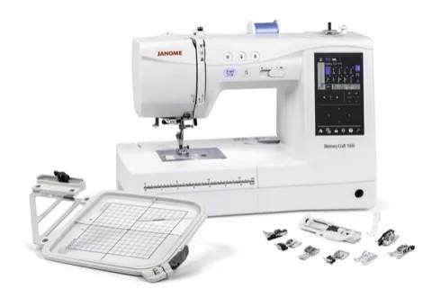 Janome Memory Craft 1000 specialized embroidery hoops and accessory presser feet available near Raleigh, NC.