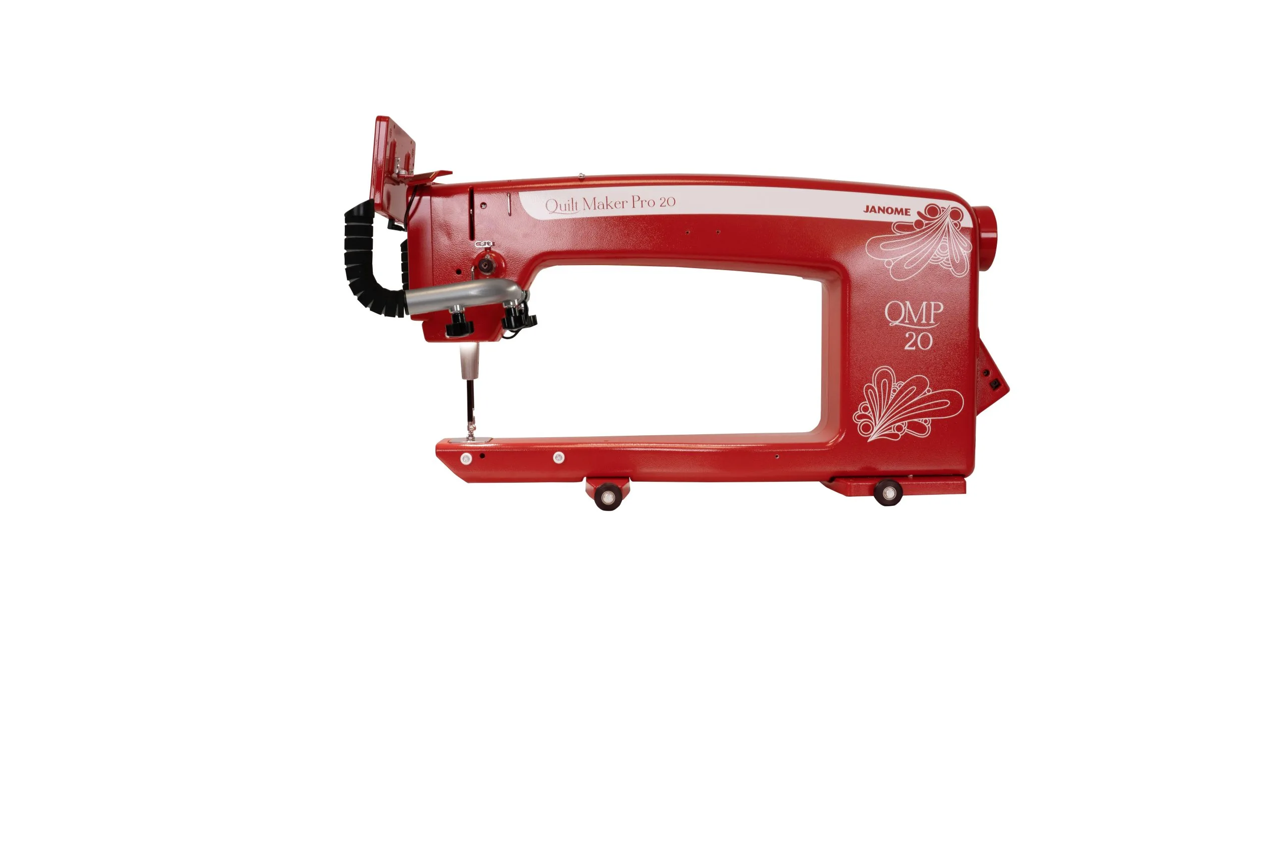 Limited Edition Janome Quilt Maker Pro 20 Red longarm quilting machine with custom red anodized finish on display at The Broken Needle in Bunn, NC.