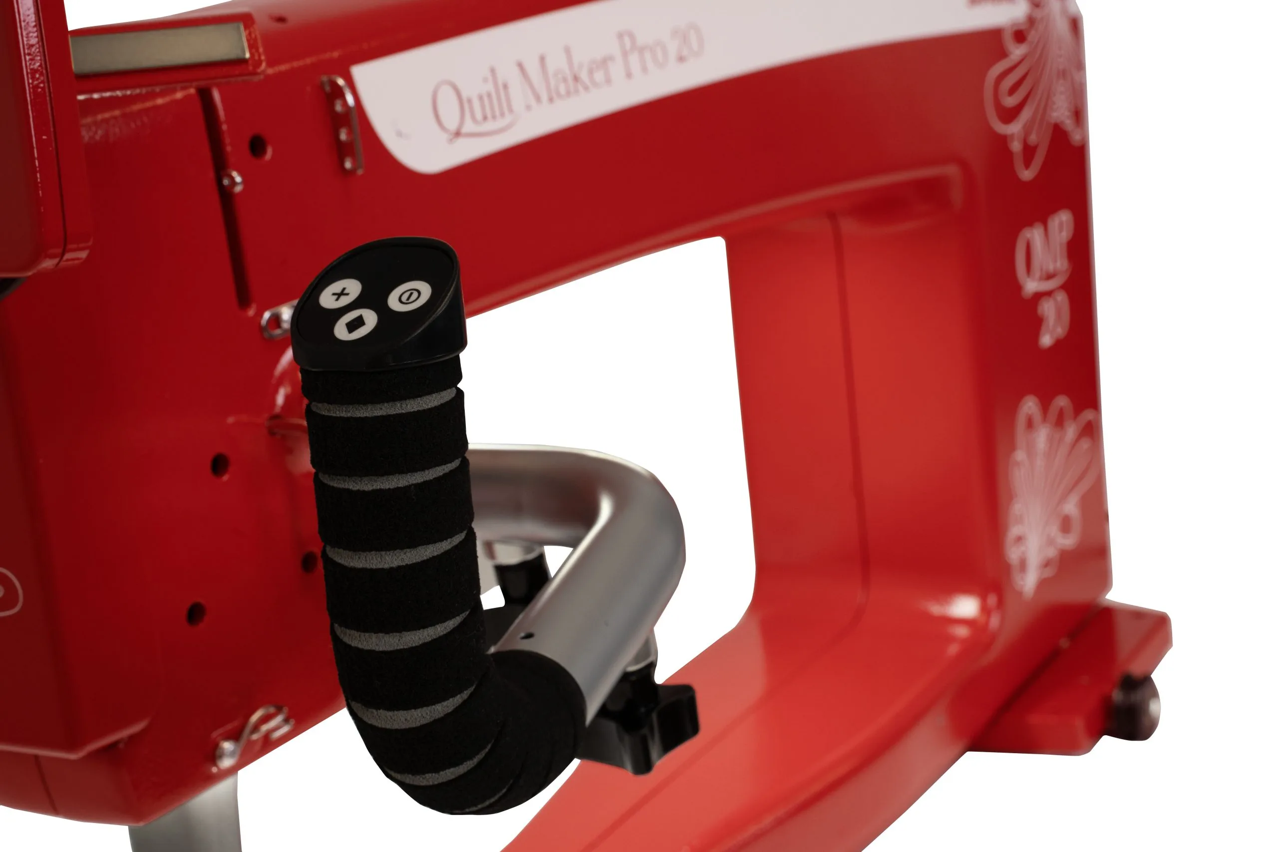 Close-up of the Janome QMP 20 Red high-speed rotary hook and large capacity M-class bobbin assembly near Raleigh, NC.