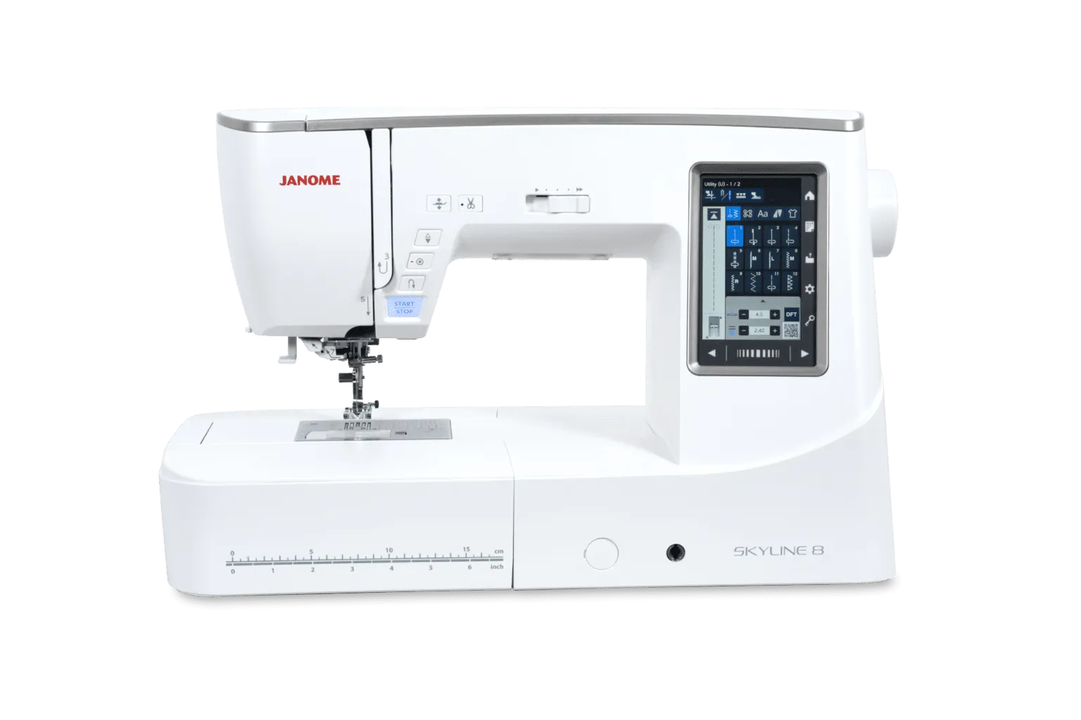 Janome Skyline 8 sewing and quilting machine on display inside the showroom of The Broken Needle in Bunn, NC.