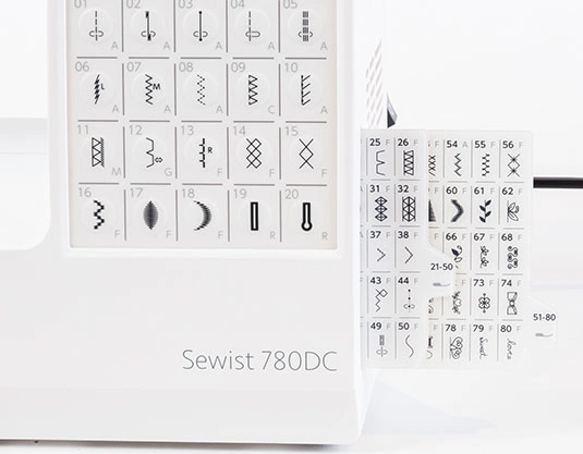 Close-up of the Janome Sewist 780DC backlit LCD screen and automatic direct stitch selection keys near Raleigh, NC.